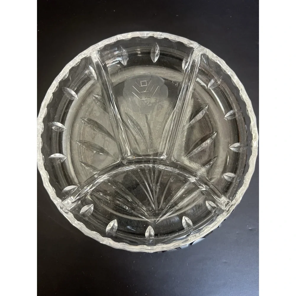 Vintage‎ Etched Crystal Sectional Serving Round Tray w/ Floral Design (709)